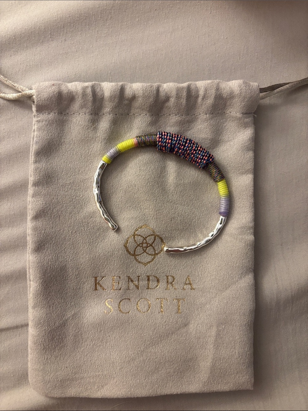 Kendra Scott Kids Silver Cuff Bracelet with Yellow & Purple Thread